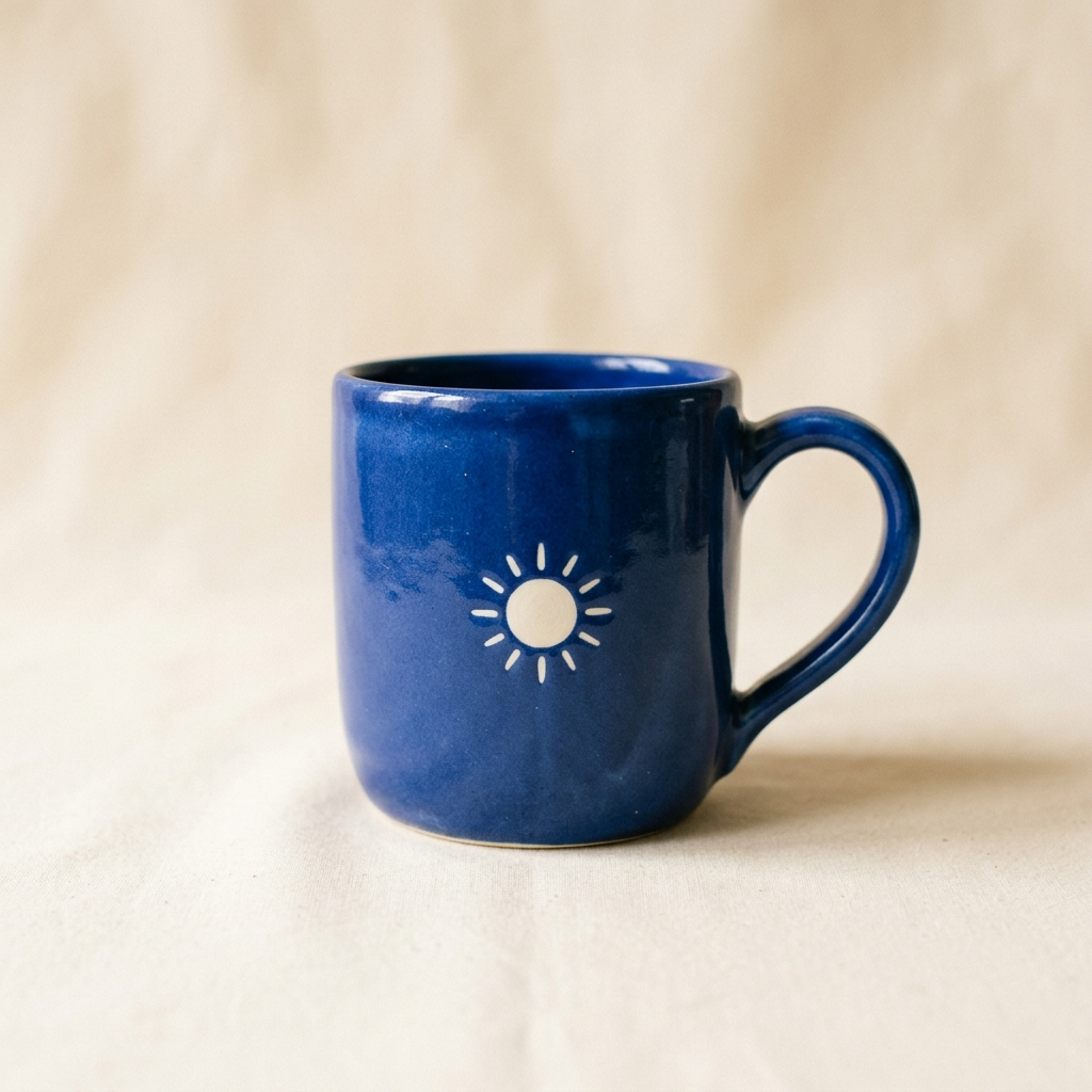 Generated cobalt-blue ceramic mug with a white sun symbol on an ivory background