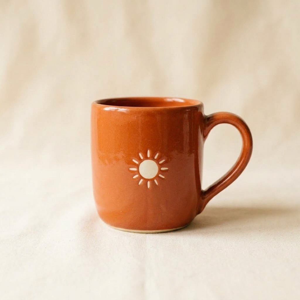 Edited terracotta-orange ceramic mug retaining the white sun symbol and ivory setting